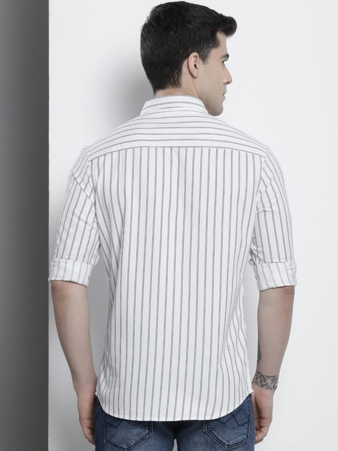 The Indian Garage Co Men White Striped Slim Fit Cotton Casual Shirt