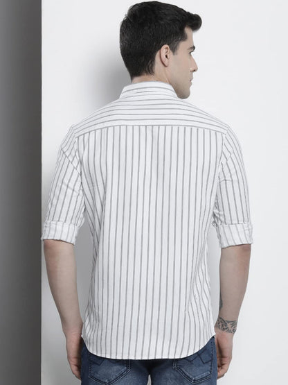 The Indian Garage Co Men White Striped Slim Fit Cotton Casual Shirt