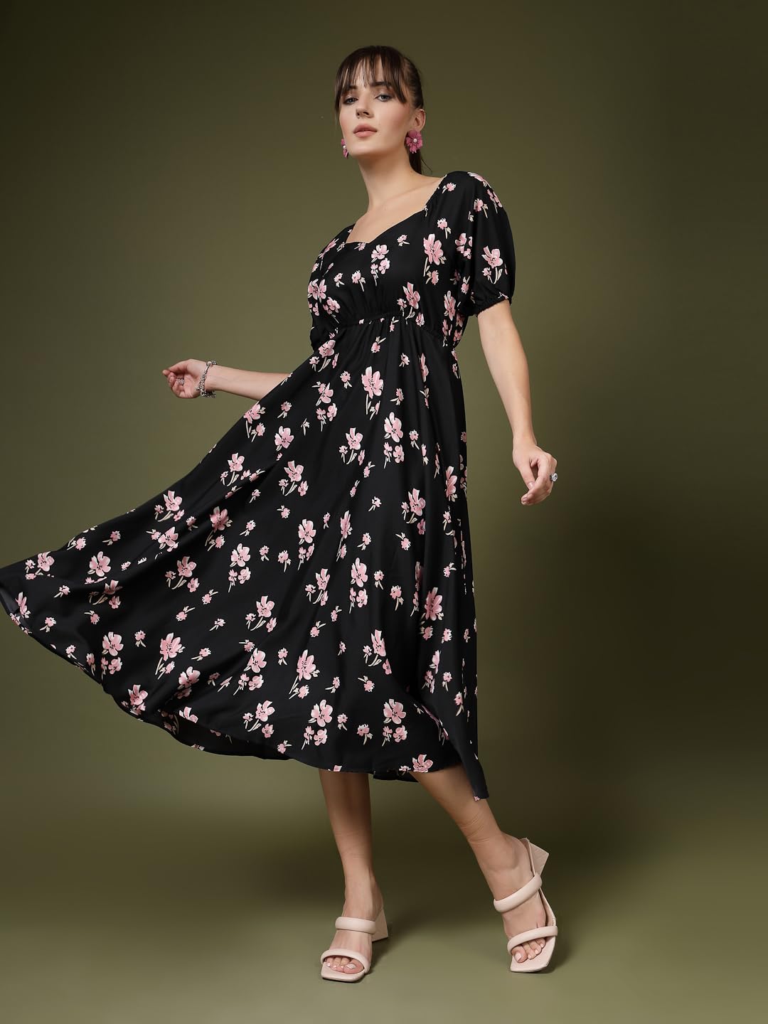 Oomph! Flared Dress For Women Stylish | Long One Piece For Women | Puff Sleeve Long Dress | Floral Print Maxi One Piece | Wester