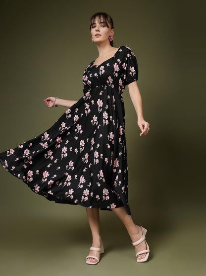Oomph! Flared Dress For Women Stylish | Long One Piece For Women | Puff Sleeve Long Dress | Floral Print Maxi One Piece | Wester
