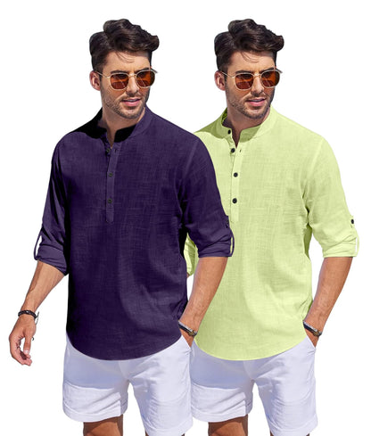 Hemrin Combo Of Men Solid Cotton Blend Straight Kurta Shirt Pack Of 2
