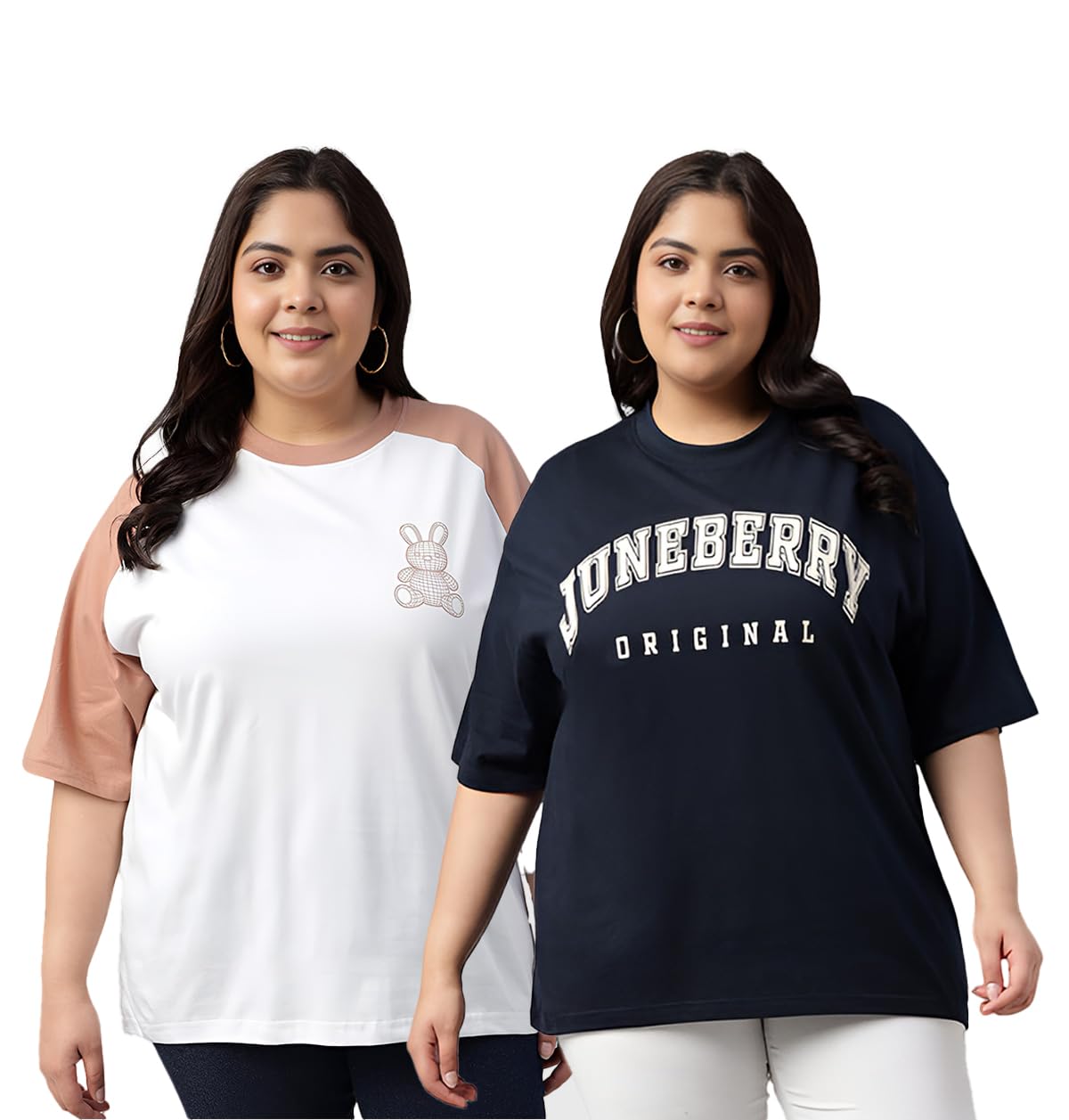 Juneberry 100% Pure Cotton Oversized Loose Baggy Fit Drop Shoulder Graphic Printed Plus Size T-Shirt Combo For Women (Pack Of 2)