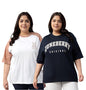 Juneberry 100% Pure Cotton Oversized Loose Baggy Fit Drop Shoulder Graphic Printed Plus Size T-Shirt Combo For Women (Pack Of 2)