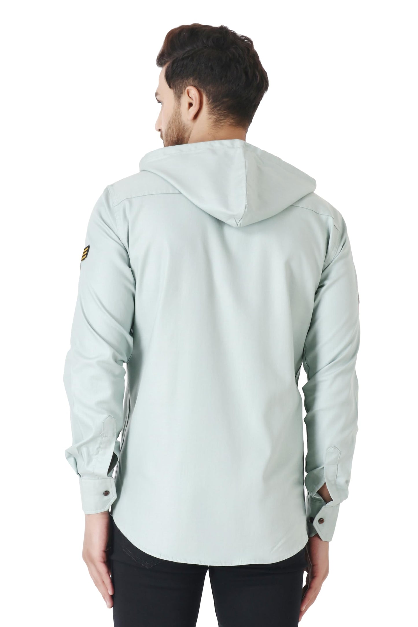 Besix MenS Grey Tailored Fit Cotton Blend Shirt For Man With Hoodie - Casual Long Sleeve Shirt With Pockets - Patch Detail For
