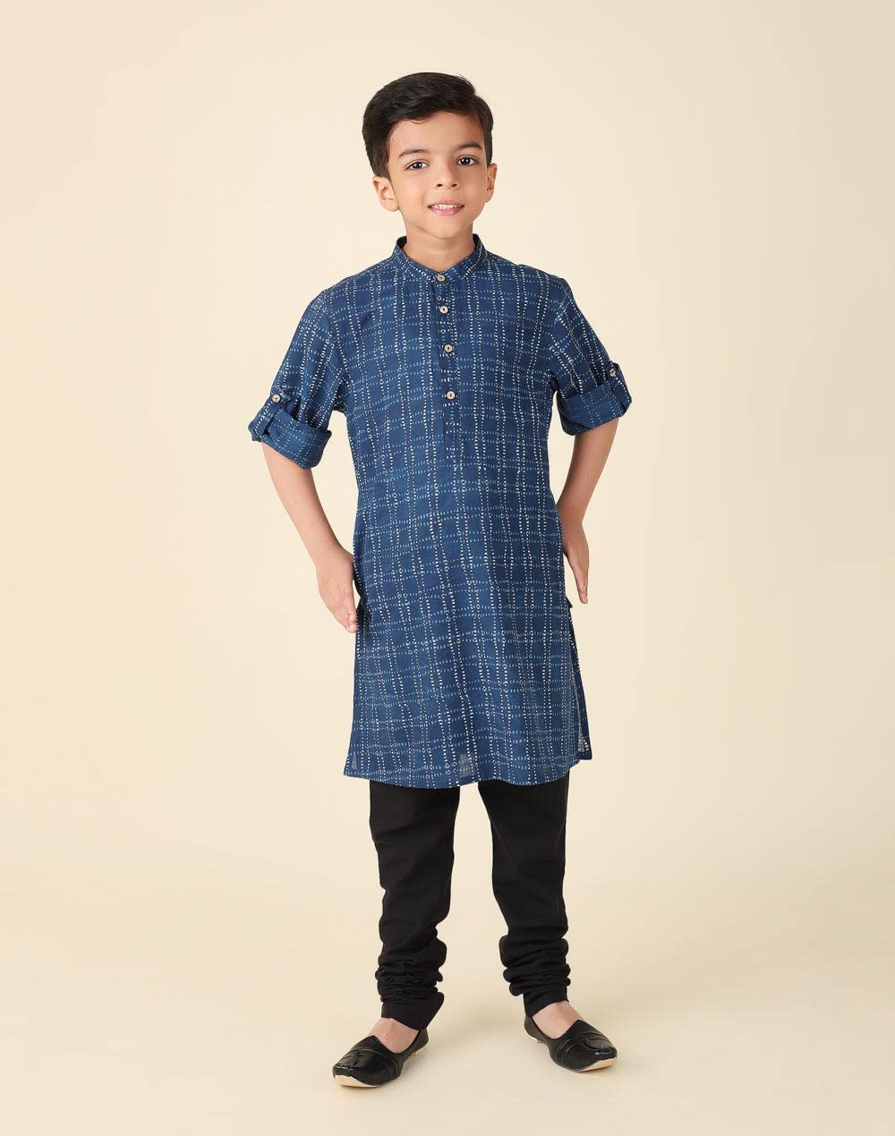 Fabindia Boy's Cotton Printed Regular Fit Kurta (1030871INDIGO_Navy Blue