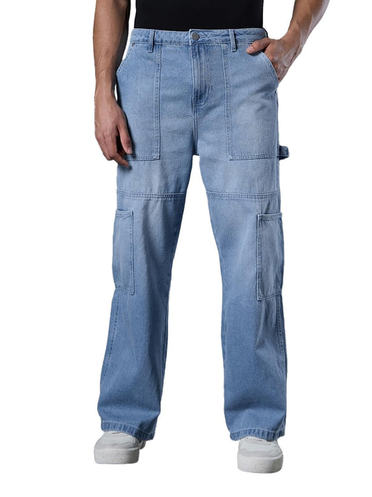 Bewakoof Mens Solid Straight Fit Cotton Cargo Carpenter Jeans_624693_Blue_30