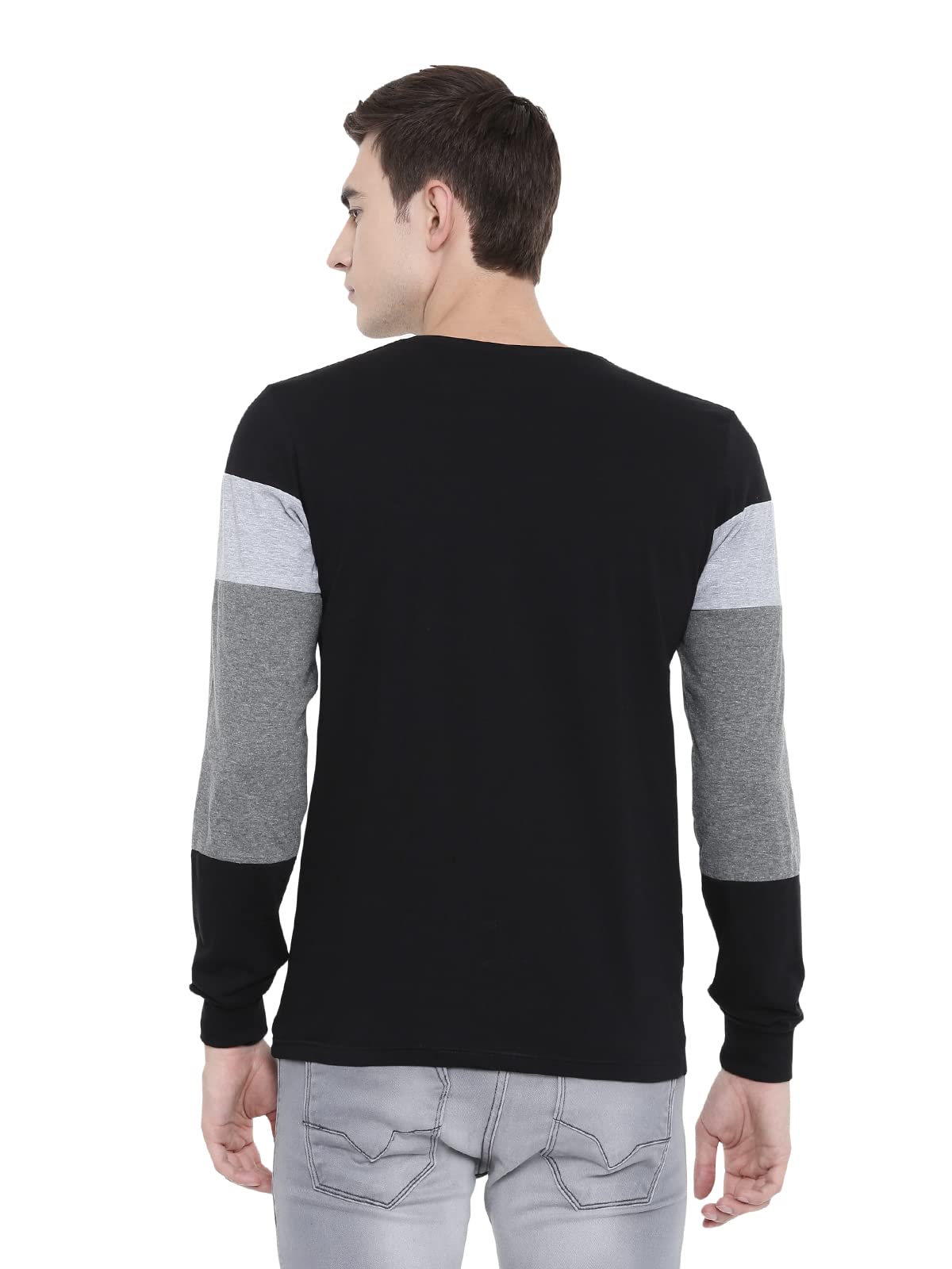 ADRO Men's Full Sleeve Cotton Color Block T-Shirts (FR4-4-BST-BL_Black)