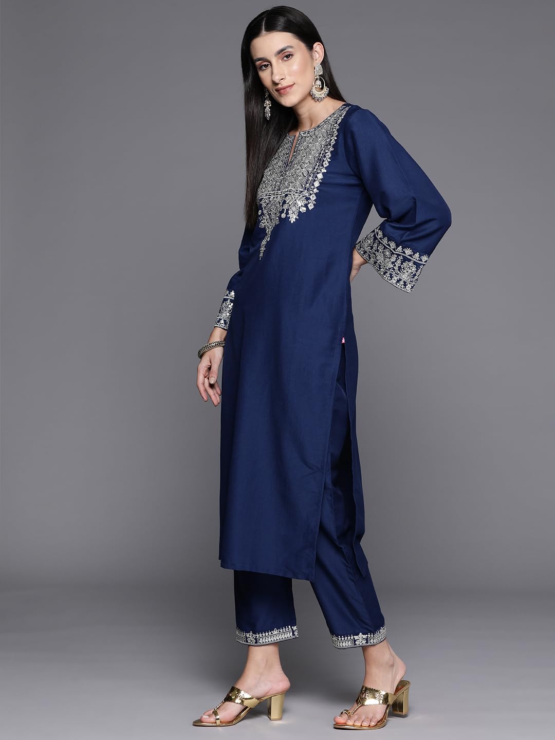 Varanga Women Blue Embroidered Straight Kurta with Tonal Bottom and Dupatta for Formal and Festive Occasions
