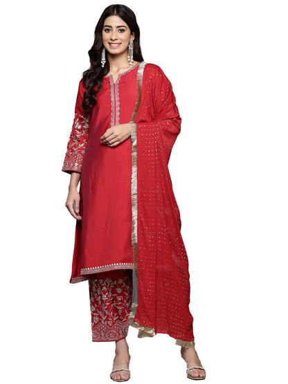 Varanga Women Red Zari Embroidered A-Line Kurta Paired With Tonal Salwar And Dupatta