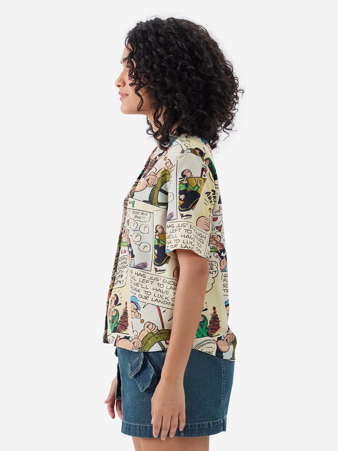 The Souled Store Official Popeye: Comic Punch Women and Girls Short Sleeves Collared Neck Button Front All Over Printed Rayon Su