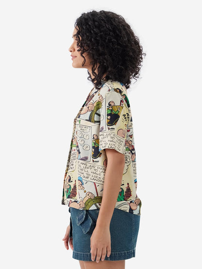 The Souled Store Official Popeye: Comic Punch Women and Girls Short Sleeves Collared Neck Button Front All Over Printed Rayon Su