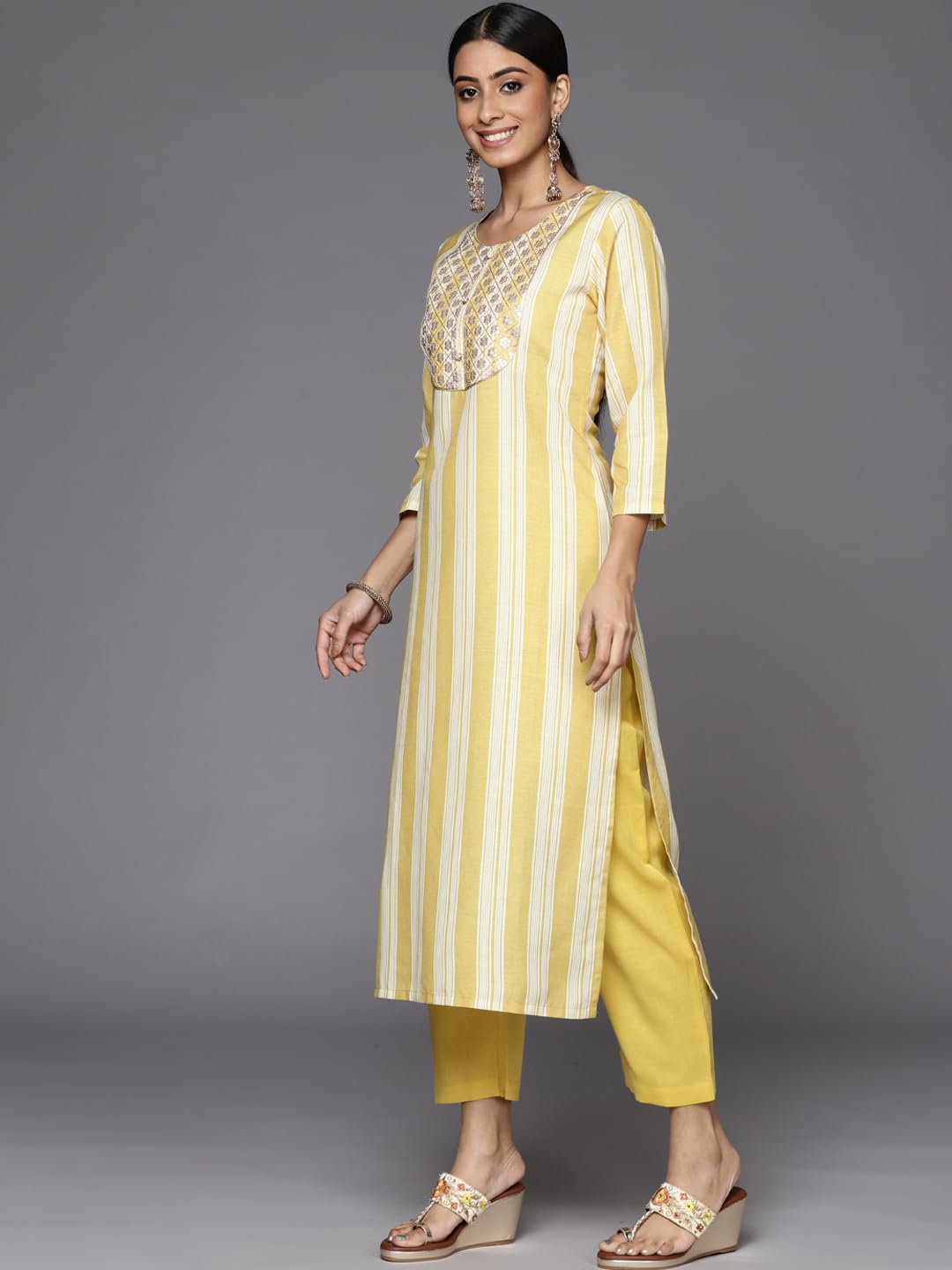 Varanga Stripe Printed Embroidered Kurta Paired with Solid Straight Trouser and Dupatta