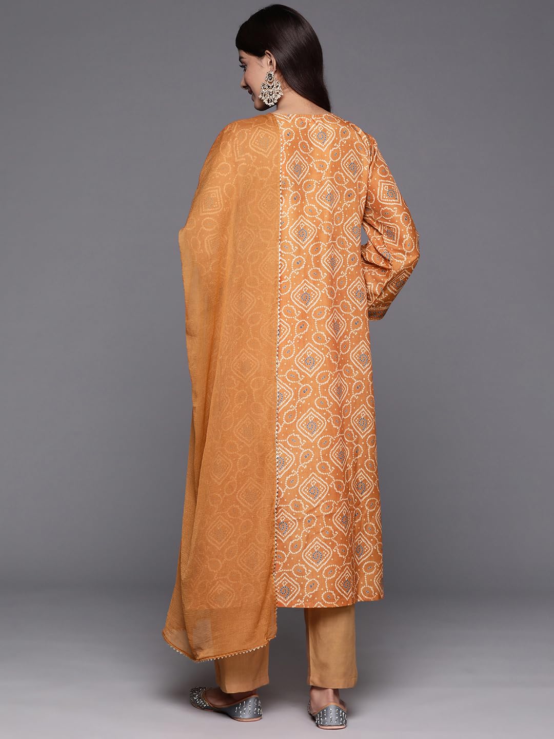 Varanga Women Rust Bandhani Printed Embellished With Gota A-Line Kurta Paired With Tonal Solid Bottom And Tonal Chiffon Dupatta