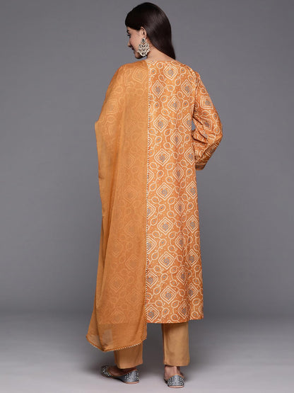 Varanga Women Rust Bandhani Printed Embellished With Gota A-Line Kurta Paired With Tonal Solid Bottom And Tonal Chiffon Dupatta