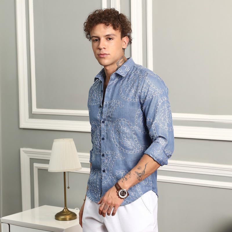 Campus Sutra Mens ICY Blue Paisley-Lined Shirt | Casual Wear | Spread Collar | Long Sleeve | Button Closure | Shirt Crafted wit