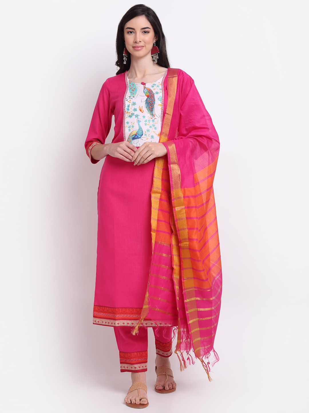 ANNI DESIGNER Women's Cotton Straight Kurta with Palazzo & Dupatta (Been Pink)