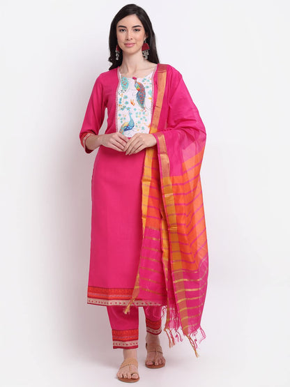 ANNI DESIGNER Women's Cotton Straight Kurta with Palazzo & Dupatta (Been Pink)