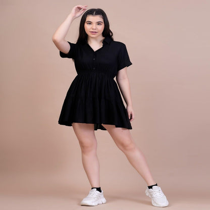 Trillmixa Solid Short Sleeve Coller Neck Fit & Flare Above Knee Length Dress For WomenS (T-Maya-Black)