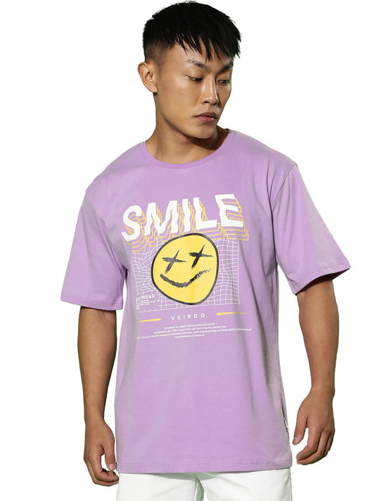 Veirdo Mens Cotton Oversize Baggy Fit Short Sleeve Full Front Graphic Smile Printed T-Shirt