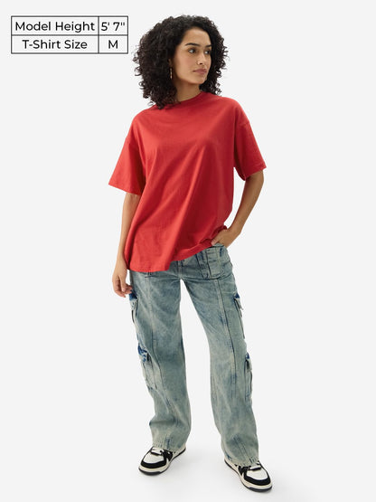The Souled Store Solids: Rouge Red Women and Girls Short Sleeve Round Neck Cotton Oversized T-Shirts