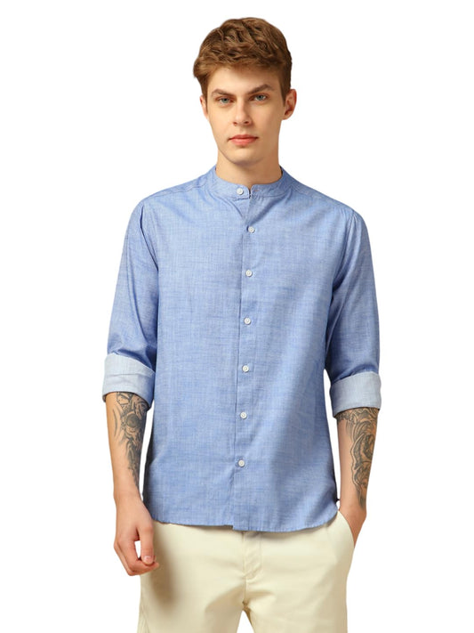 Dennis Lingo Men Slim Fit Cotton Full Sleeves Solid Formal Shirts Blue