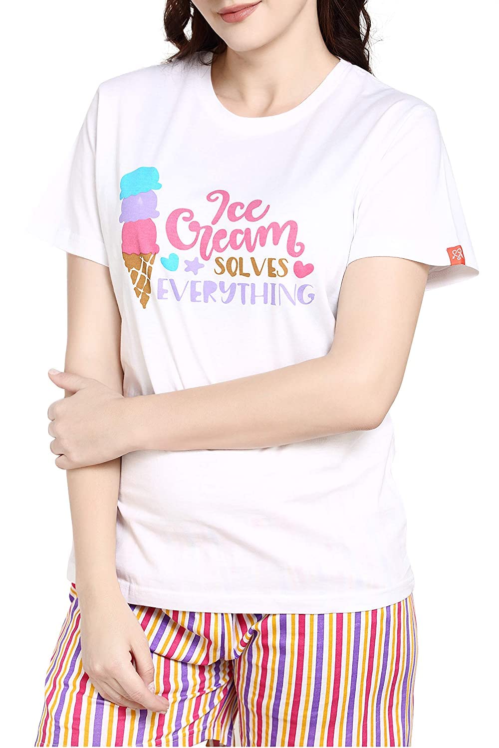 Evolove WomenS Cotton Round Neck Short Sleeves Night Suit Set/Top Pyjama Set Super Soft Comfortable (White & Peach, Npskn1422We