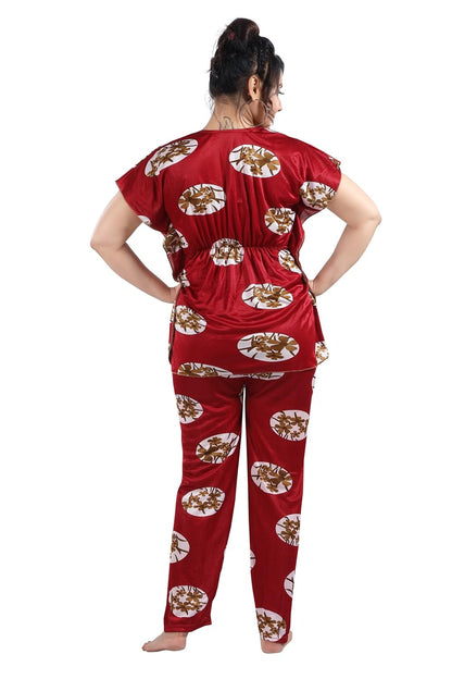 Fabme WomenS Satin Maroon Kaftan Top & Pyjama Set