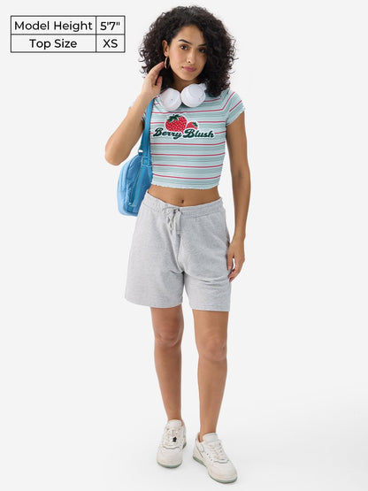 The Souled Store Berry Blush Women and Girls Short Sleeve Round Neck Striped Slim Fit Polyester Blend Cropped Tops