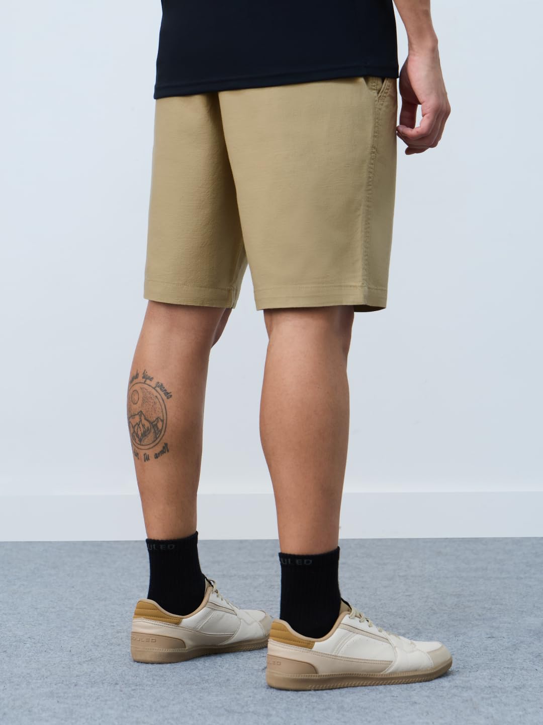 The Souled Store Chino Shorts: Camel Men and Boys Buttoned Beige Solid Cotton Blend Knee Length Chino Shorts