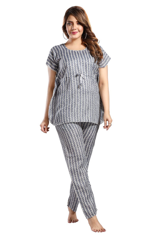 Fabme WomenS Cotton Printed Kaftan And Pyjama Set - Blue_Cream