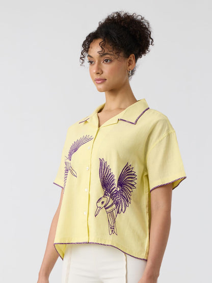 The Souled Store Birds Women and Girls Short Sleeves Collared Neck Button Front Yellow Embroidered Oversized Fit Cotton Holiday