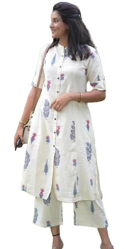24 Carat Suit WomenS Rayon Kurta And Pant Coord Set With Floral Printed Mandarin Collared Neck Down Button Half Sleeve A Line C