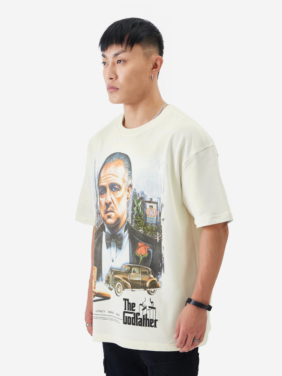 The Souled Store Official The Godfather: The Don Men and Boys Short Sleeve Round Neck White Graphic Printed Cotton Oversized Fit