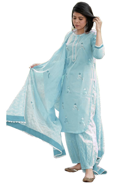 Gosriki WomenS Rayon Blend Hand Block Printed Straight Kurta With Pant & Dupatta (Ragsri Ice Blue-Vks04-Gs_M_Sky Blue_Medium)