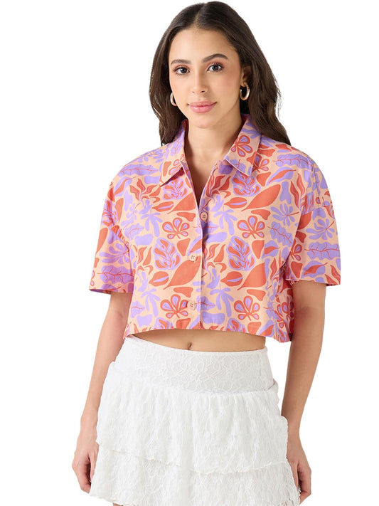 Bewakoof WomenS All Over Printed Oversized Fit Half Sleeve Collared Neck Cotton Spandex Crop Shirt_628171_Multicolor_2Xl