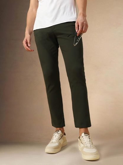 Dennis Lingo Mens Dark Olive Solid Cotton Straight Fit Chinos