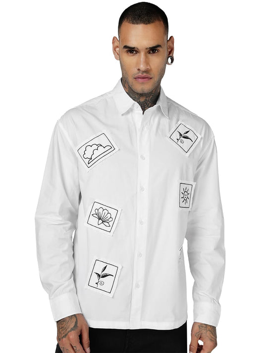 Bewakoof MenS Embroidered Oversized Fit Full Sleeve Collar Cotton-Poplin Shirt_685476_White_Xl