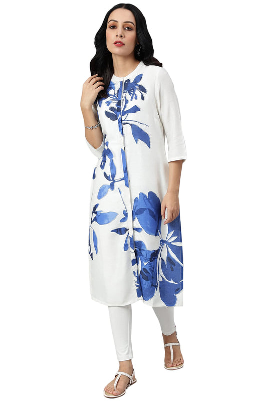 W for Woman Women's Rayon Ecru Placement Regular Kurta with Blue Floral Print
