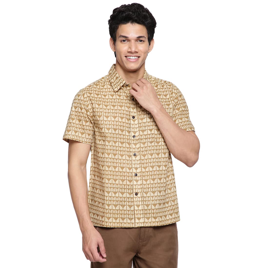 Fabindia Regular Fit Men Brown Cotton Hand Block Printed Shirt (210693801 Beige