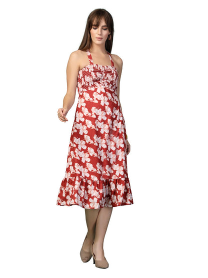 Oomph! WomenS Western & Fusion Wear Printed Crepe Dress For Women, Smocked Bodice, Red - Md1049