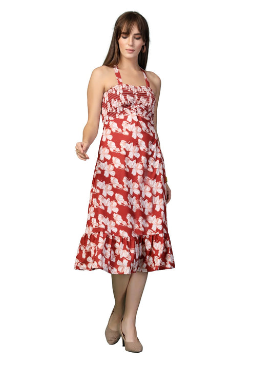 Oomph! WomenS Western & Fusion Wear Printed Crepe Dress For Women, Smocked Bodice, Red - Md1049