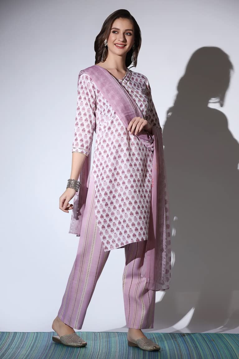 DHRUVI TRENDZ Women's Cotton Blend Floral Kurta Set with Dupatta | Kurta Set | Festive Kurta Set | Regular Fit Kurta