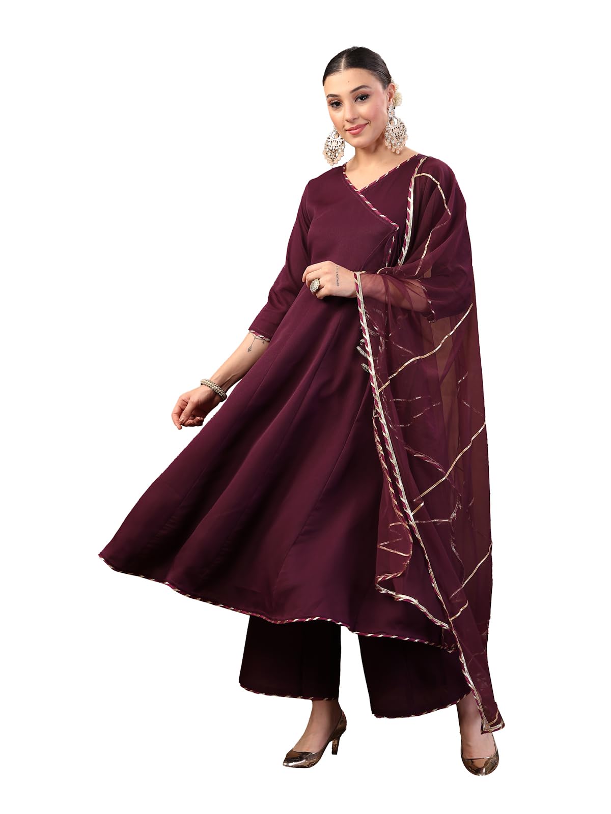 Stylum Womens Wine Solid Italian Crush Anarkali Kurta Pant Dupatta Set