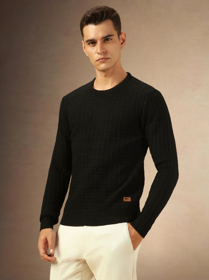 Dennis Lingo Men Regular Fit Acrylic Solid Full-Sleeves Crew Neck Pullover Sweater Black