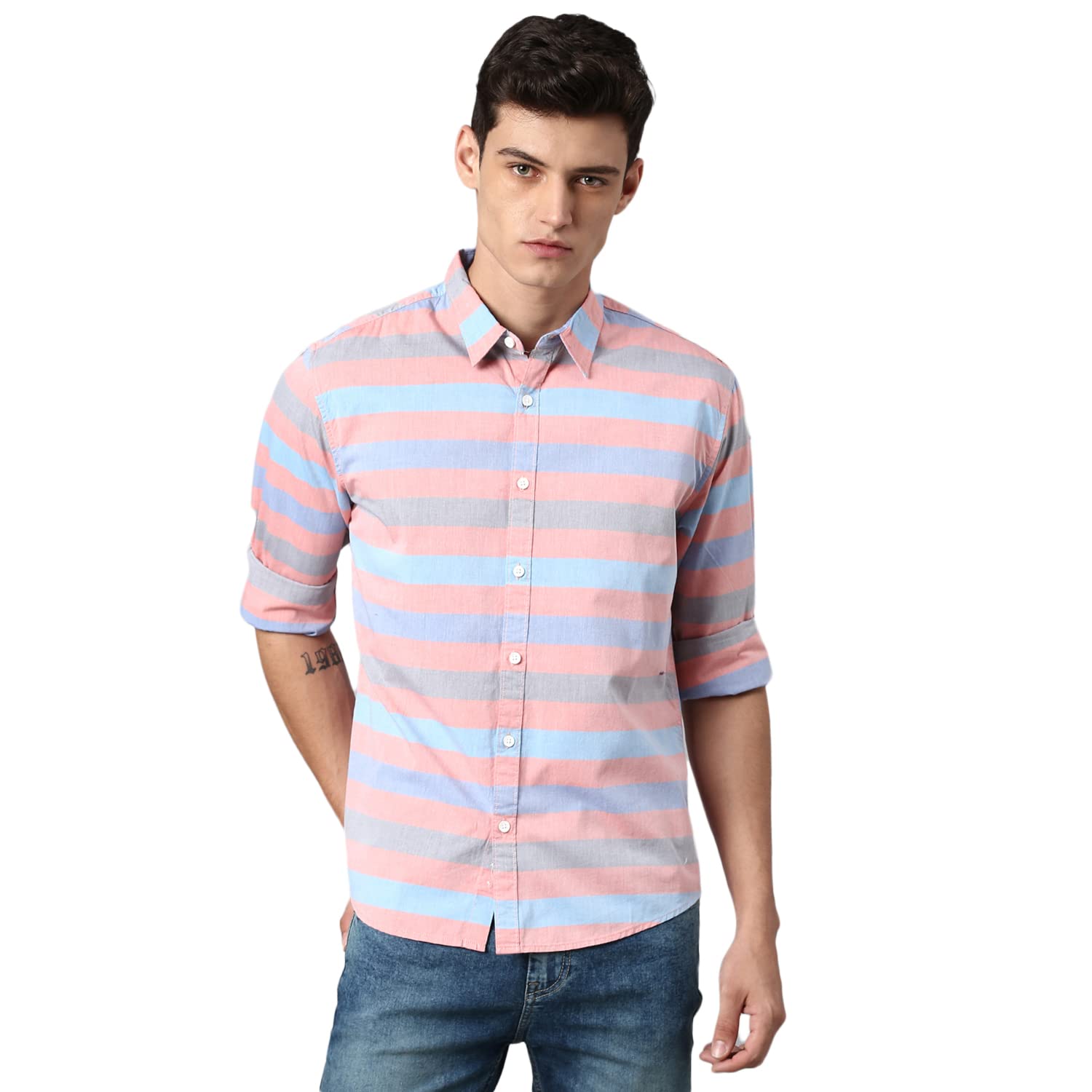 Dennis Lingo MenS Slim Fit Striped Casual Shirt (Red)