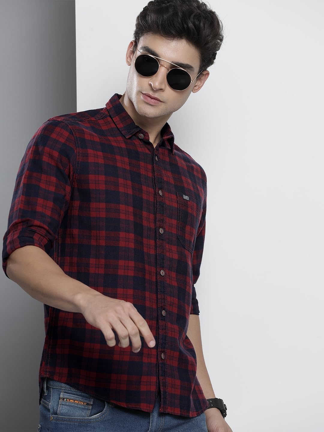 The Indian Garage Co Red Regular Fit Spread Collar Checkered Long Sleeves Shirt