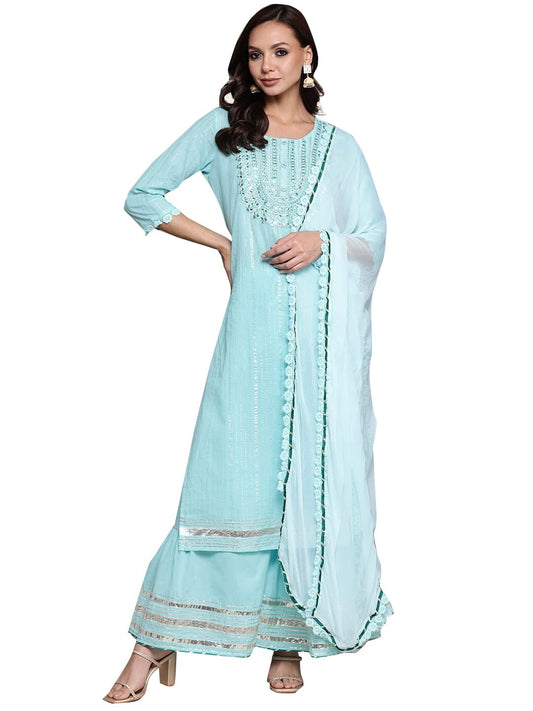 ishin Women Blue Ethnic Motifs Embroidered Mirror Work Pure Cotton Kurta with Sharara & With Dupatta