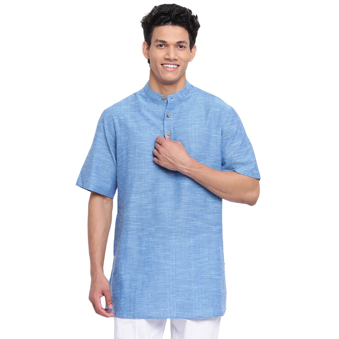 Fabindia Men Cotton Dobby Short Kurta Blue_S
