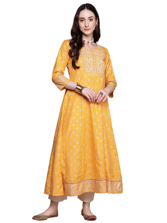 anubhutee Women's Viscose Rayon Ethnic Motifs Mustard Embroidered A-Line Kurta