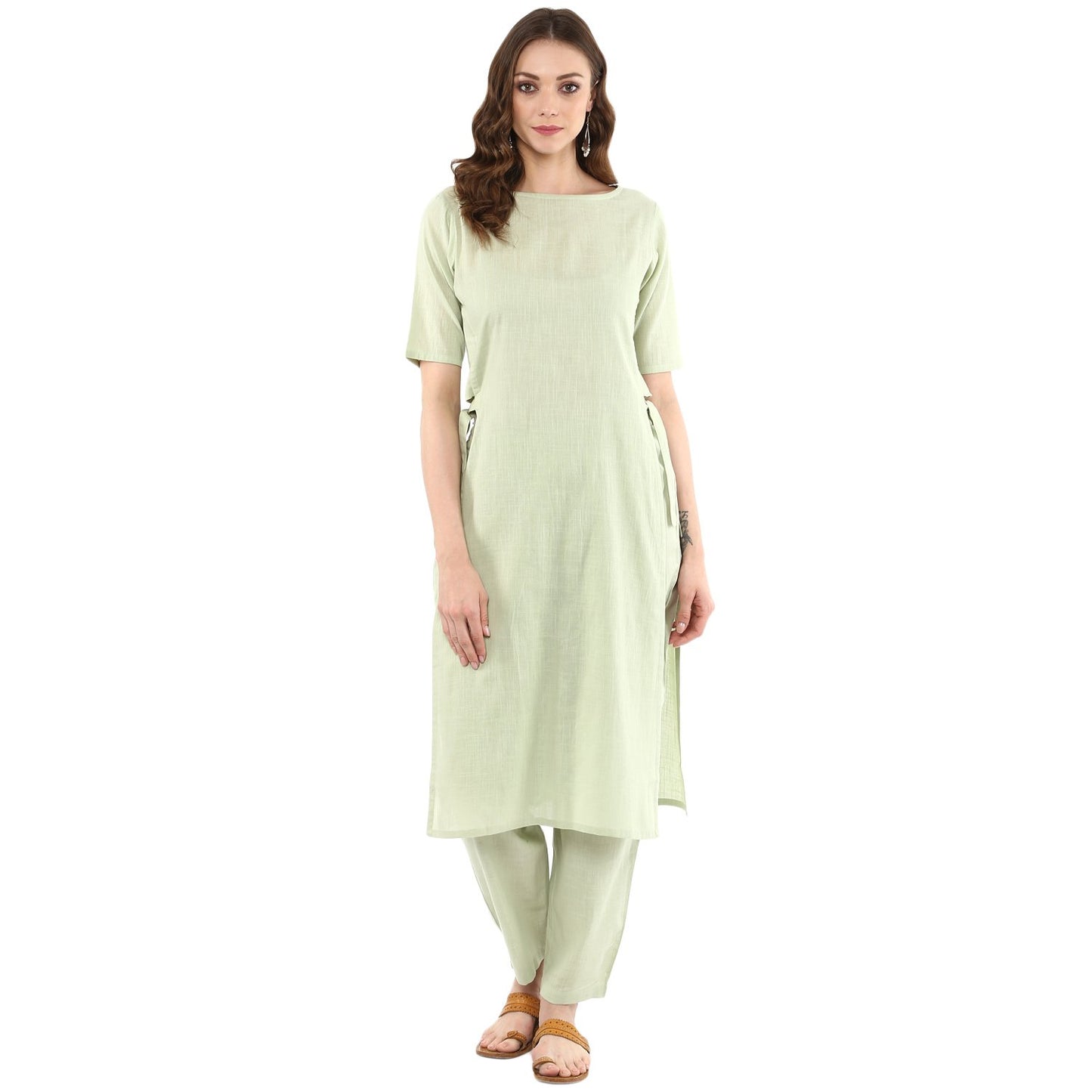 Idalia Womens Ethnic Wear Sage Green Straight Cotton Kurta Set For Women Fashion